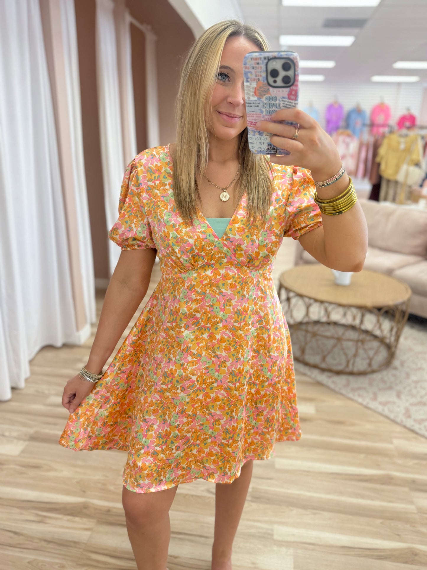 Orange Pink Flowers Silky Dress