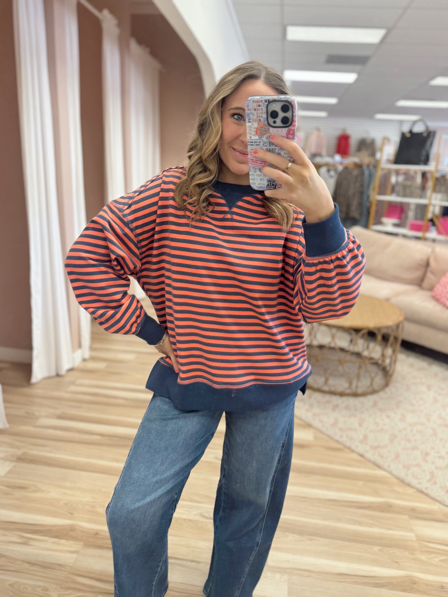 Coral Stripe Oversized Top