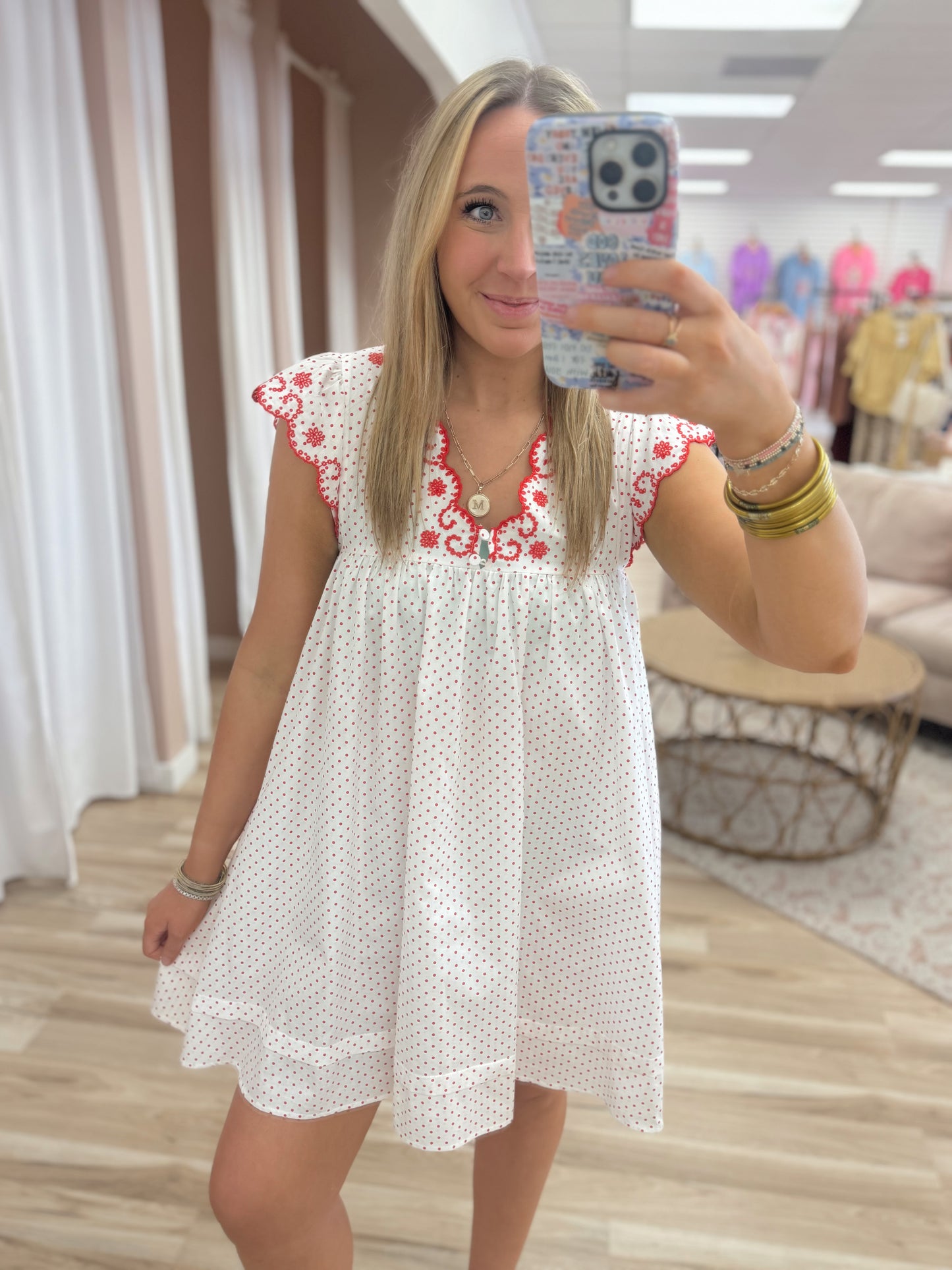 Red Polka Dot Embroidered Dress