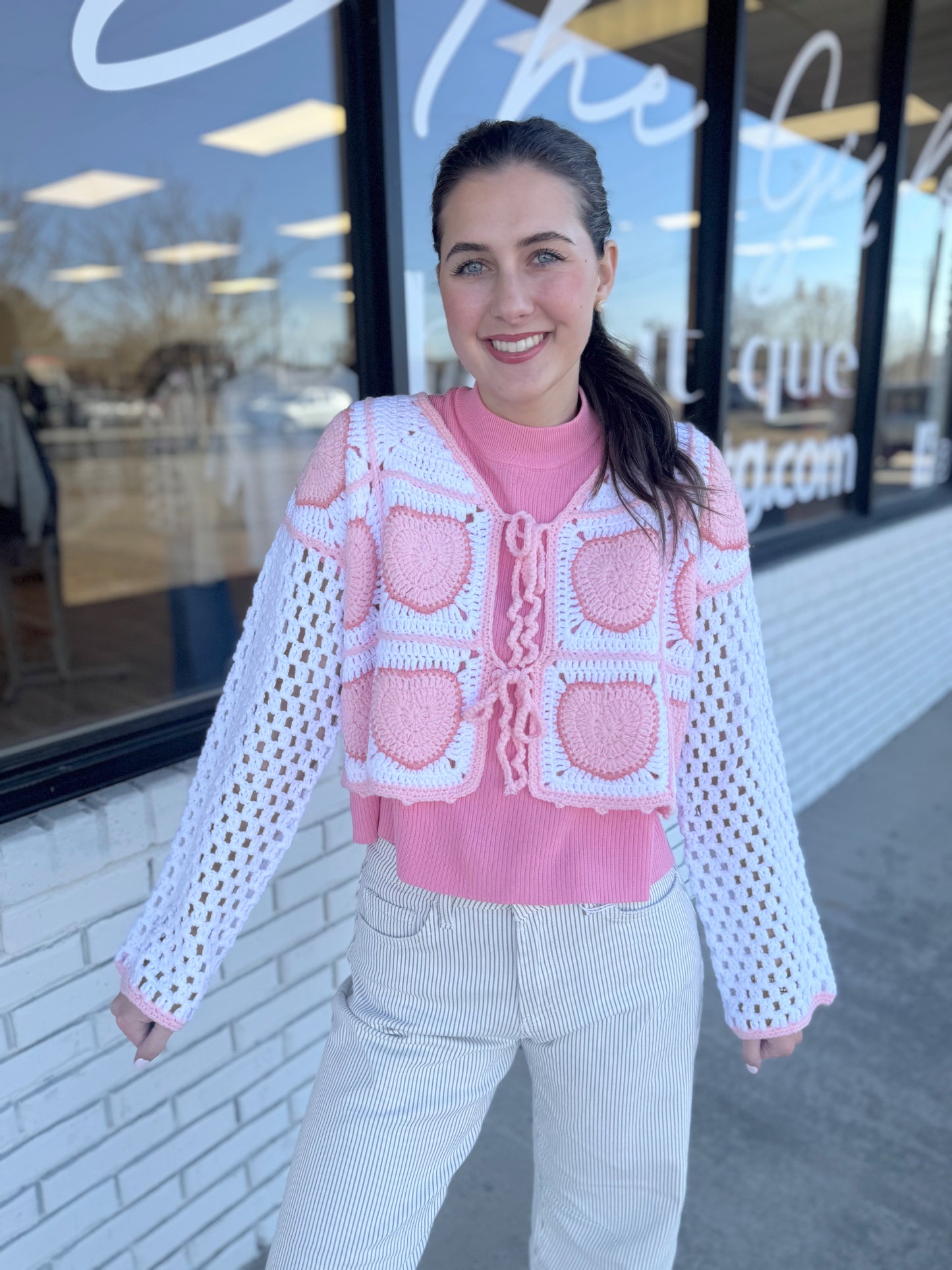 Pink & White Crochet Cardigan