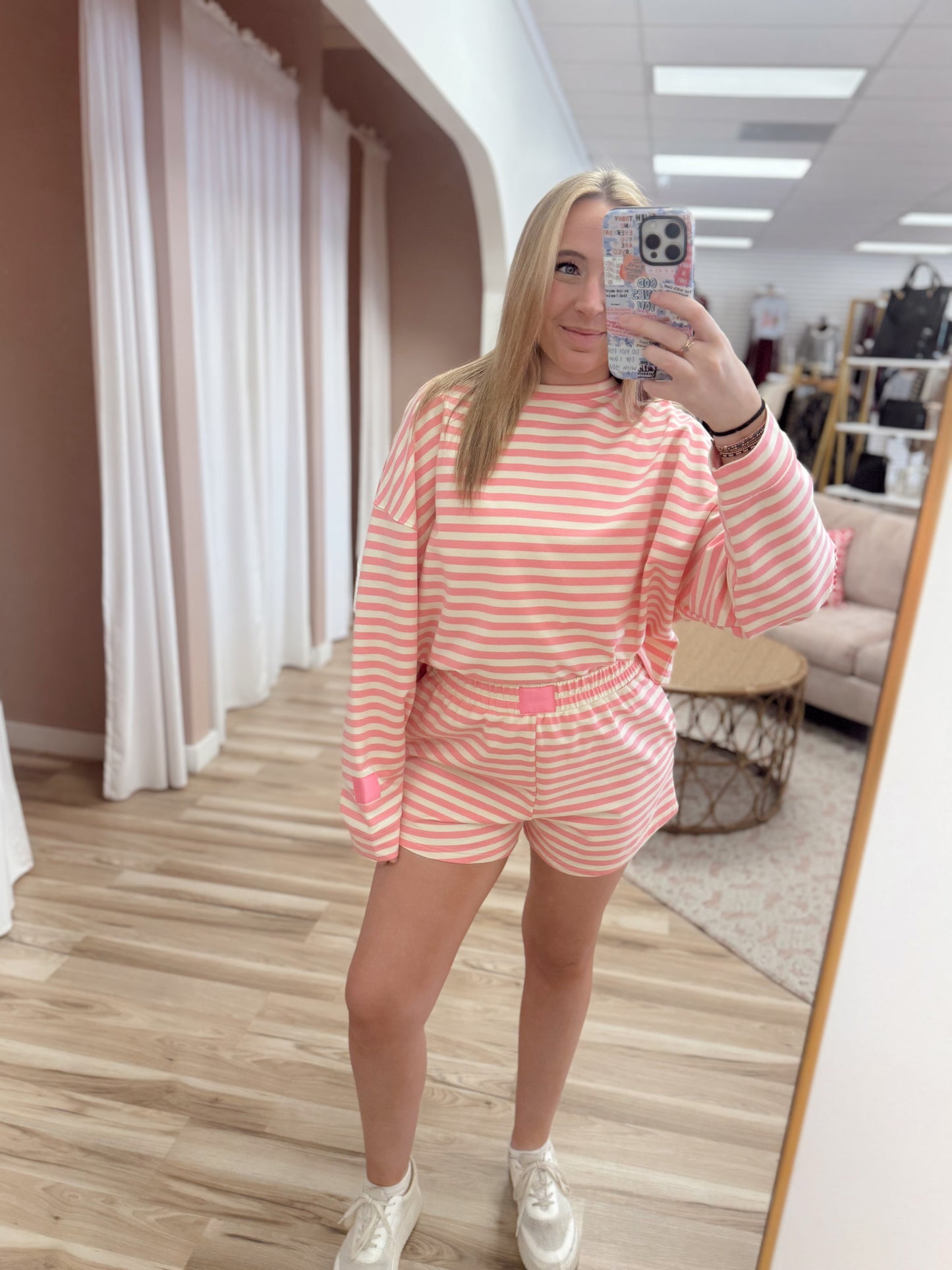 Pink Striped Loose Fit Sweatshirt