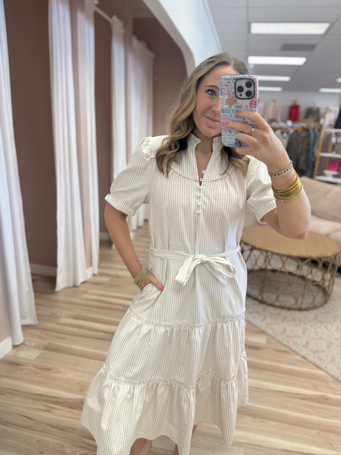 Taupe Striped Midi Dress