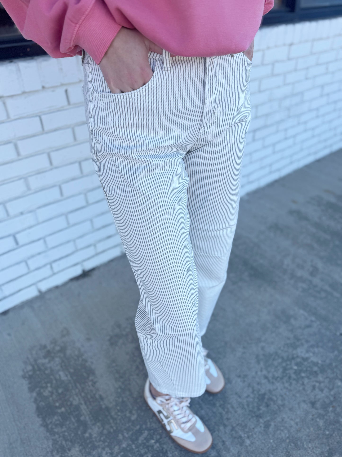 White Stripped Barrel Jeans