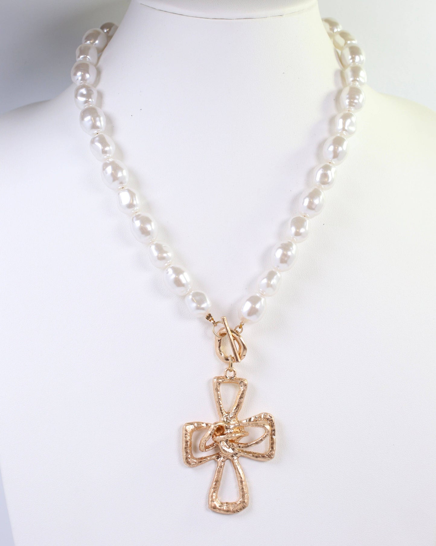 Brylee Pearl Beaded Cross Pendant Necklace Worn Gold: Default