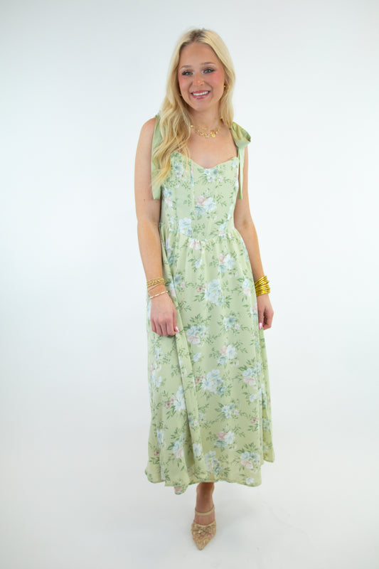 Floral Olive Ribbon Tie Dress