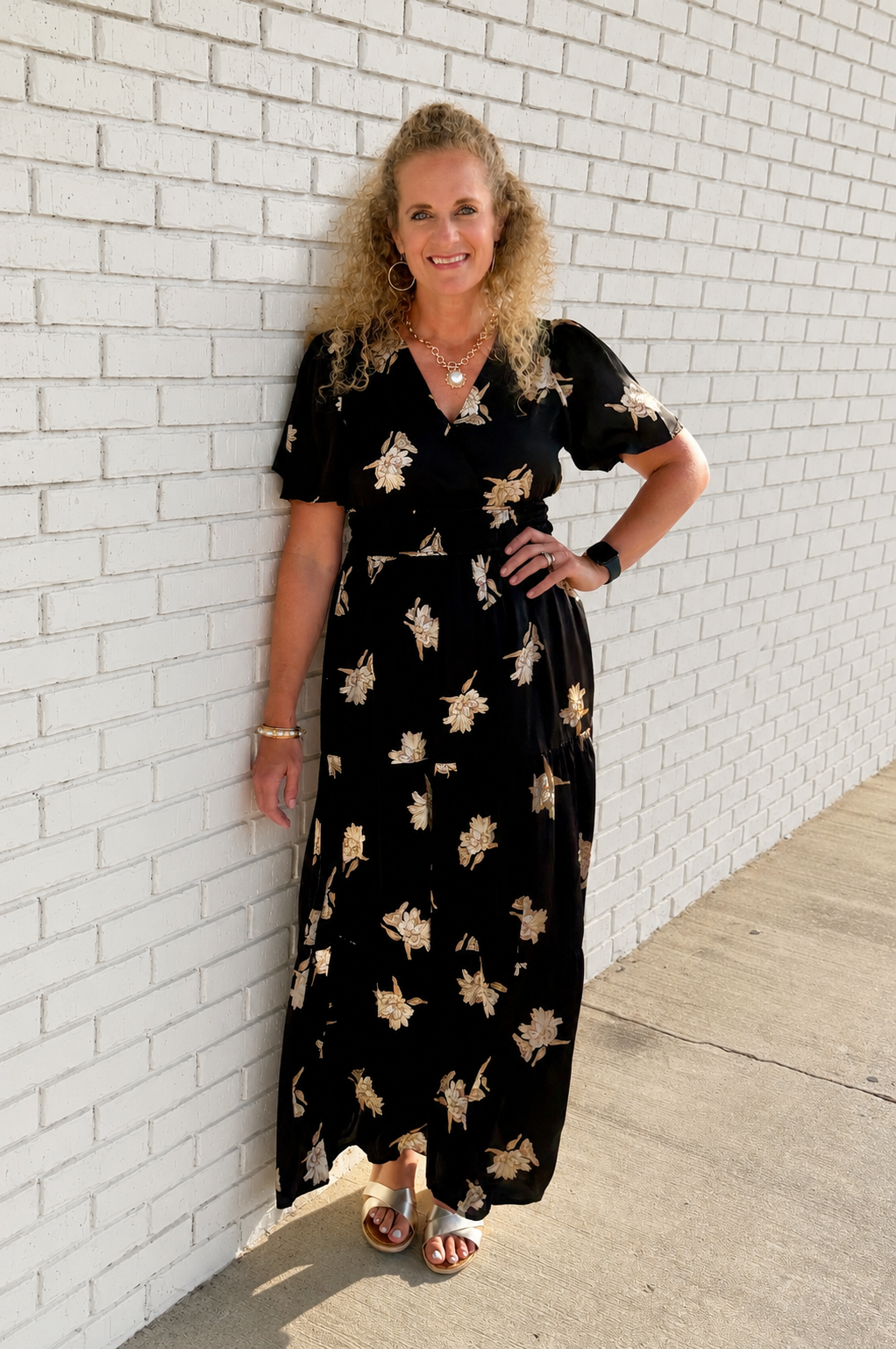 Black Satin Floral Maxi Dress