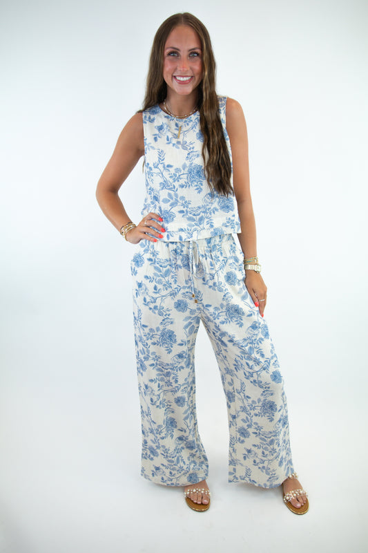 Blue Blossom Linen Tank