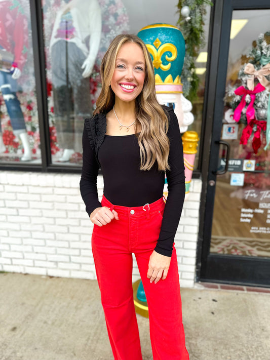 Black Ruffle Sleeve Long Sleeve Top