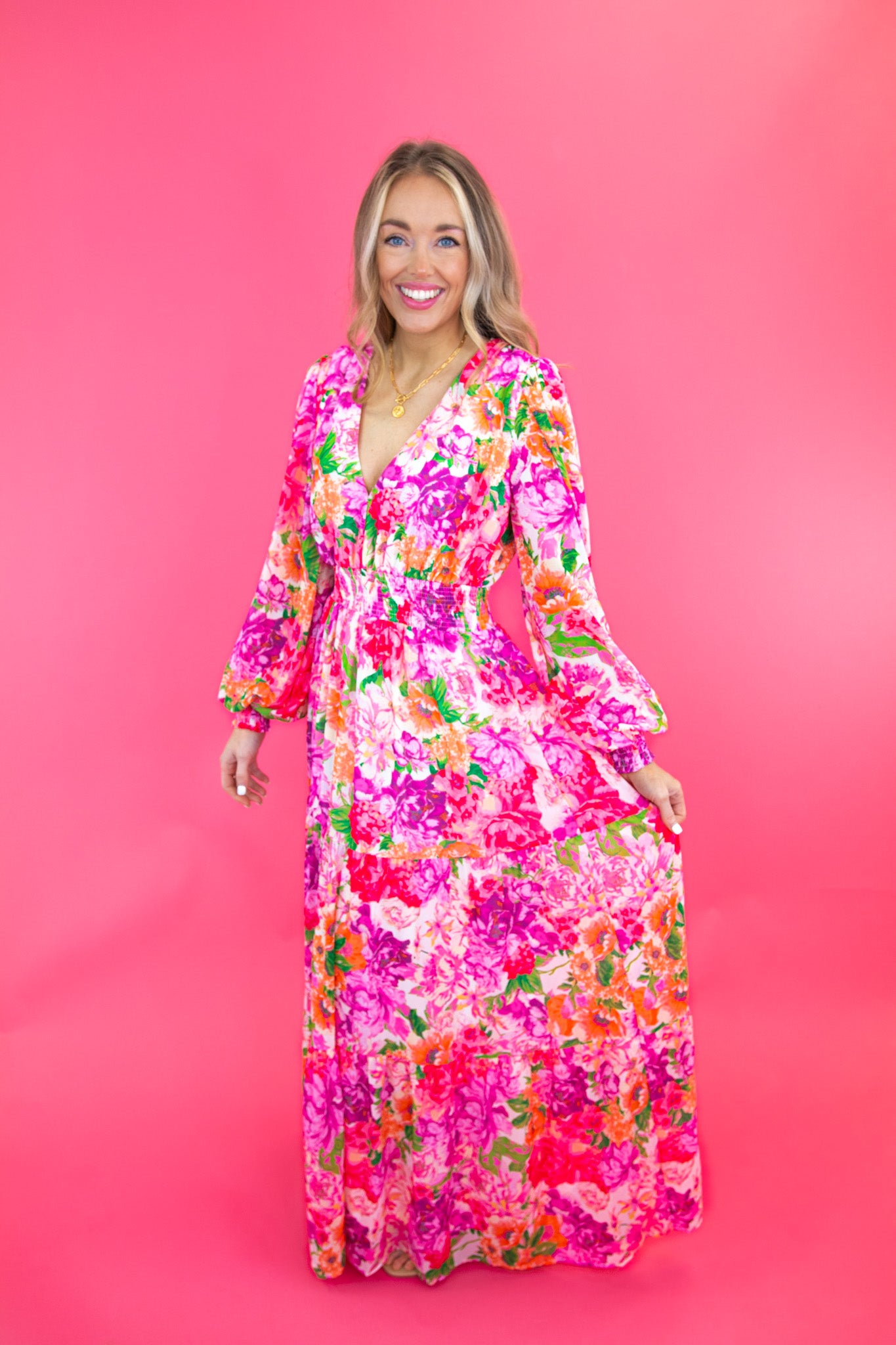 Pink Floral Long Sleeve Maxi Dress