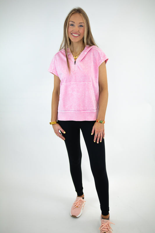 Pink Short Sleeve Half Zip Top