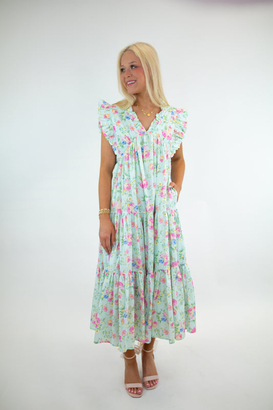 Sky Blue Pink Floral Flutter Sleeve Dress