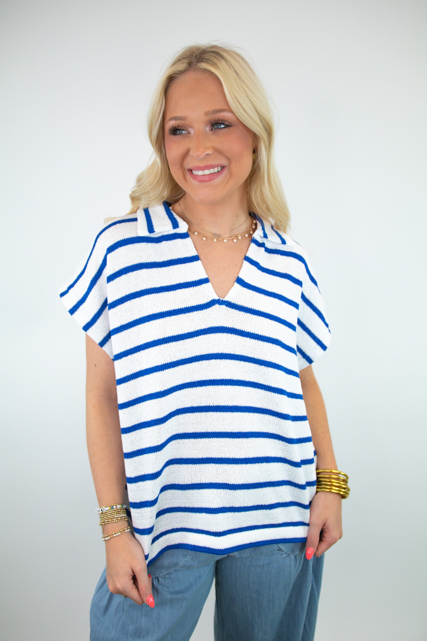 Striped Collared V-Neck Textured Top