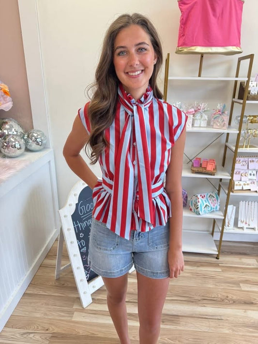 Red and Blue Bow Detail Blouse