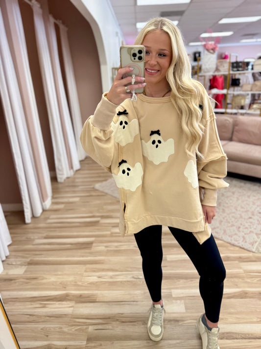 Embroidered Ghost With Bow Pullover