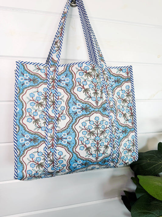 Blue Petals Quilted Tote Bag