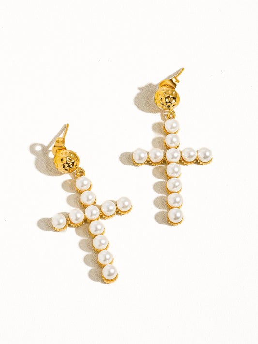 Lisette 18K Gold Non-Tarnish Pearl Cross Earring