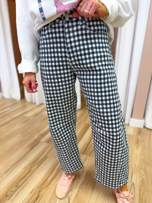 Black Gingham Relaxed Barrel Jean