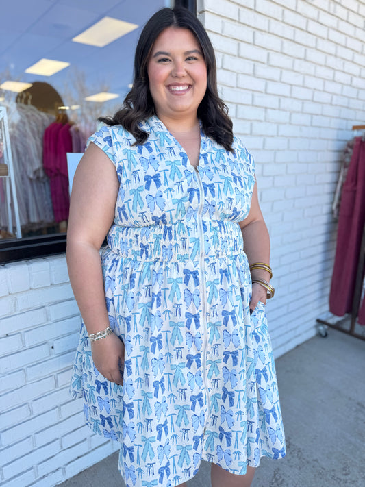 Blue Bow Printed Smocked Dress - Curvy