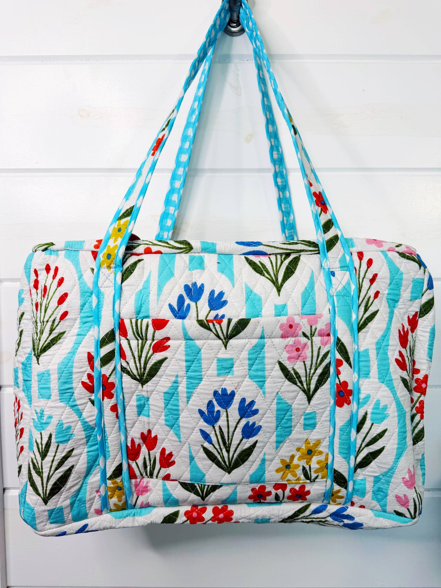 Aqua Garden Party Quilted Weekender Duffle Bag
