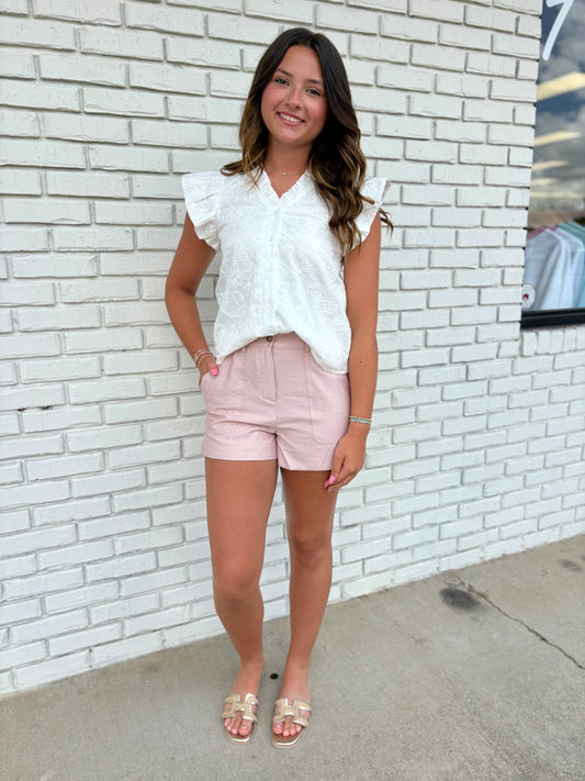Front Button & Zip High Waist Pocket Detail Shorts