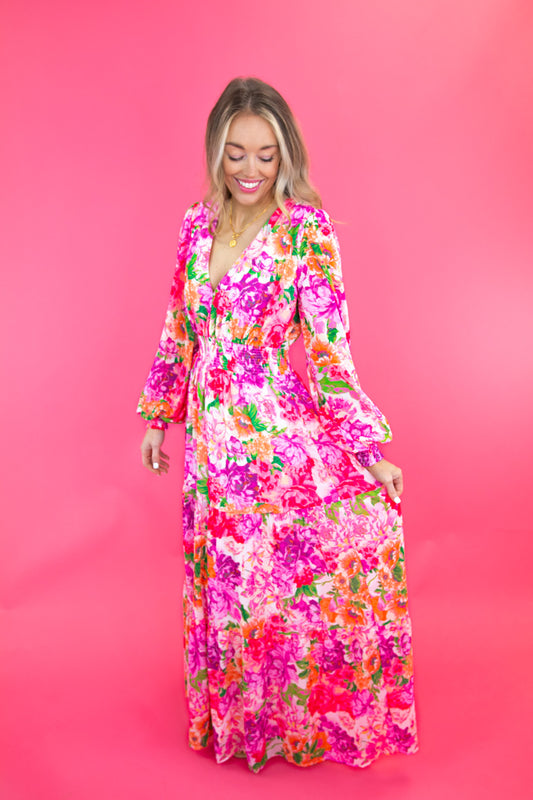 Pink Floral Long Sleeve Maxi Dress