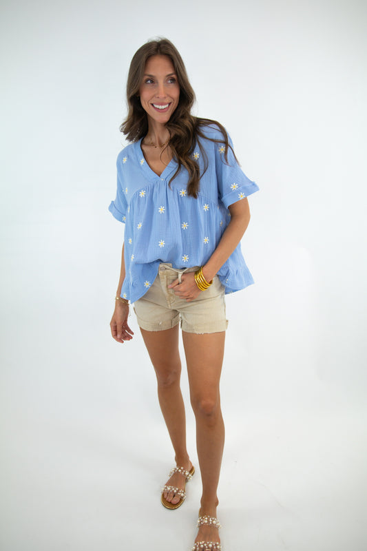 Sky Blue Flower Embroidered Top