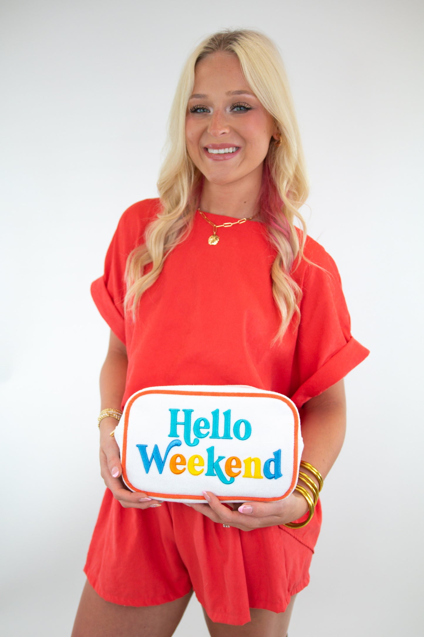 Hello Weekend Embroidered Zip Bag