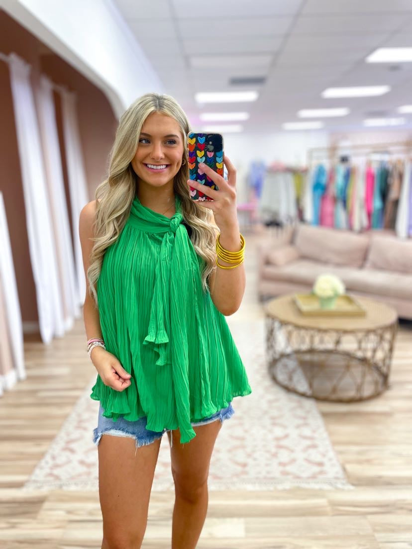 Kelly Green Tie Neck Tank For The Girls Boutique
