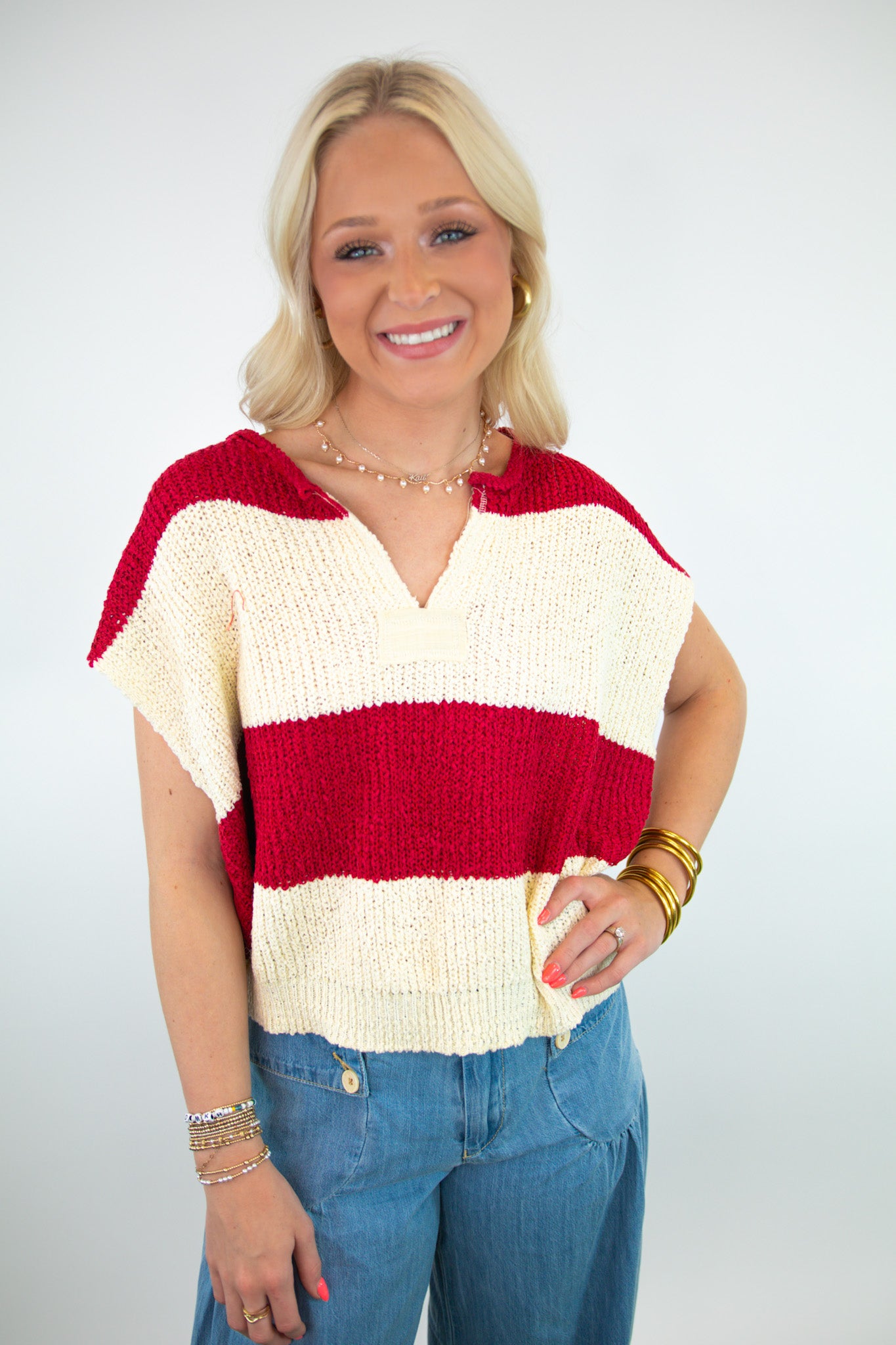 Red & White Striped Sleeveless Sweater