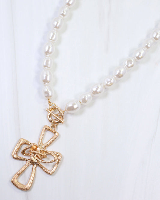 Brylee Pearl Beaded Cross Pendant Necklace Worn Gold: Default
