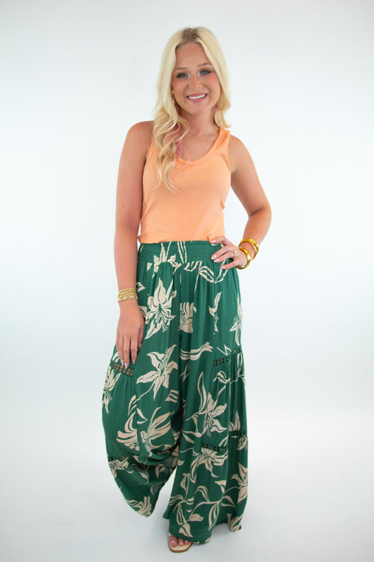 Lace Detail Tropical Wide Leg Pants