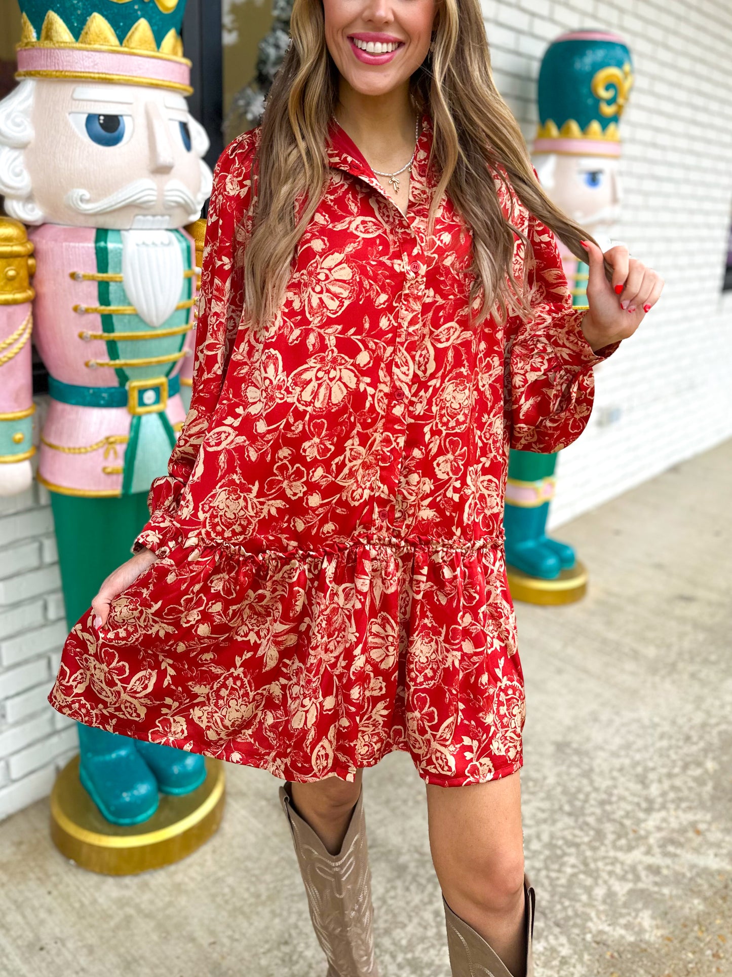 Burgundy Long Sleeve Floral Dress