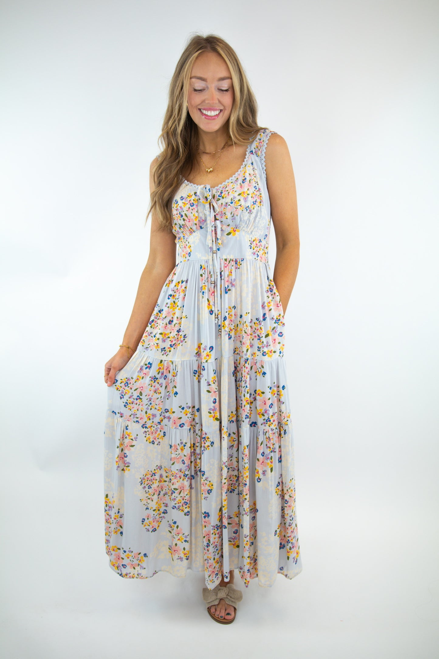 Blue Lace Trim Tiered Maxi Dress