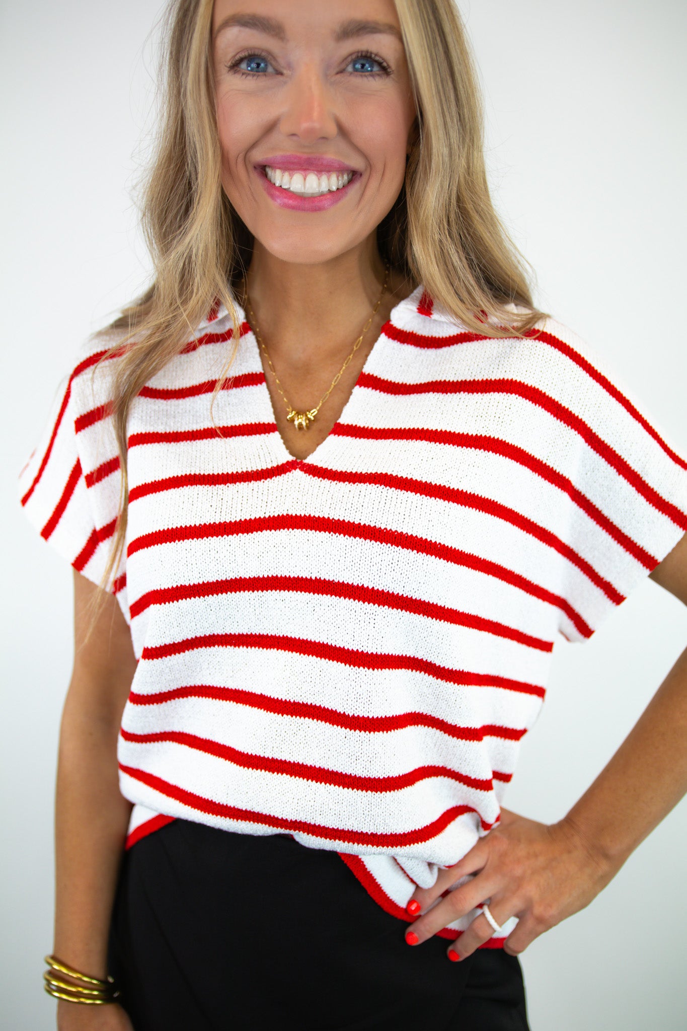Striped Collared V-Neck Textured Top