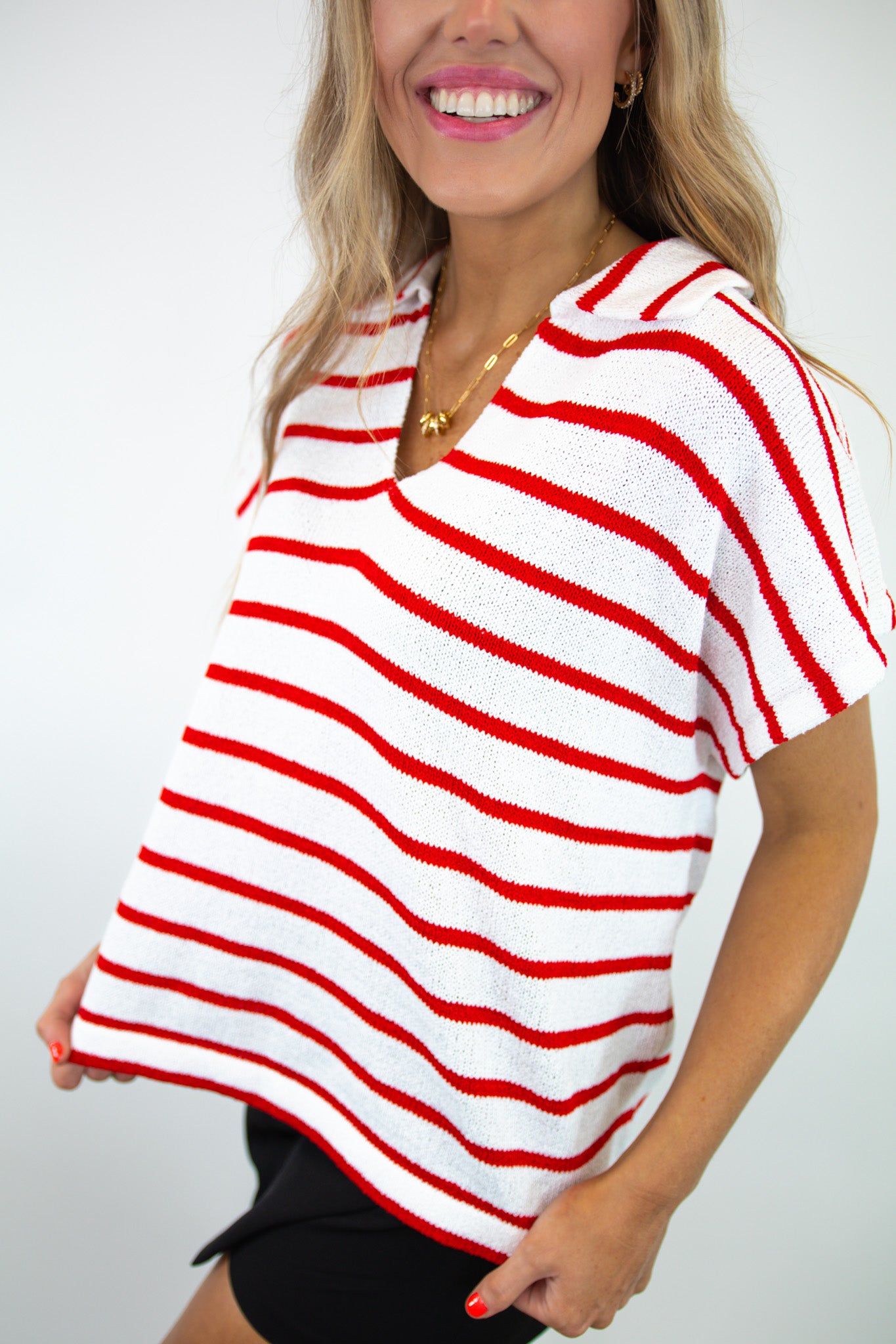 Striped Collared V-Neck Textured Top