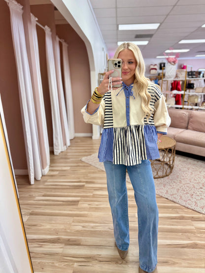 Patchwork Button Tie Detail Top With Hood