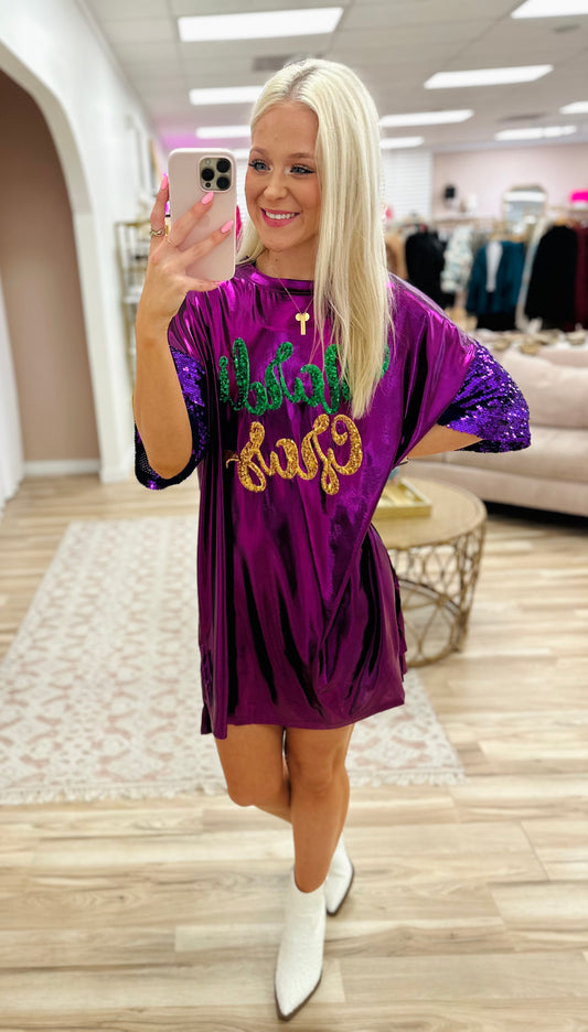 Mardi Gras Silky Sequin Shirt Dress