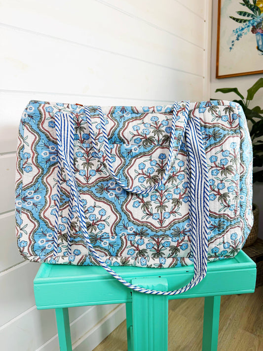 Blue Petals Quilted Weekender Duffle Bag