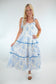 Blue Floral Smocked Ruffle Trim Midi Dress