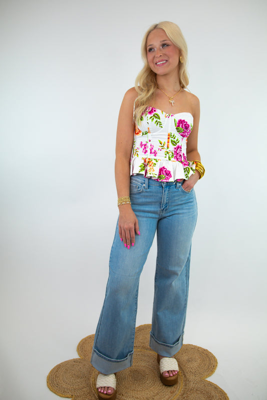 Floral Print Smocked Strapless Top
