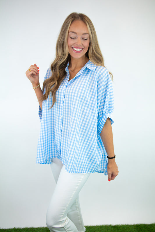 Blue Button Down Oversized Gingham Top