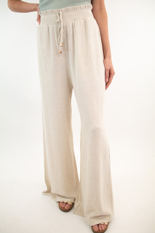 Smocked Waist Linen Wide Leg Pants