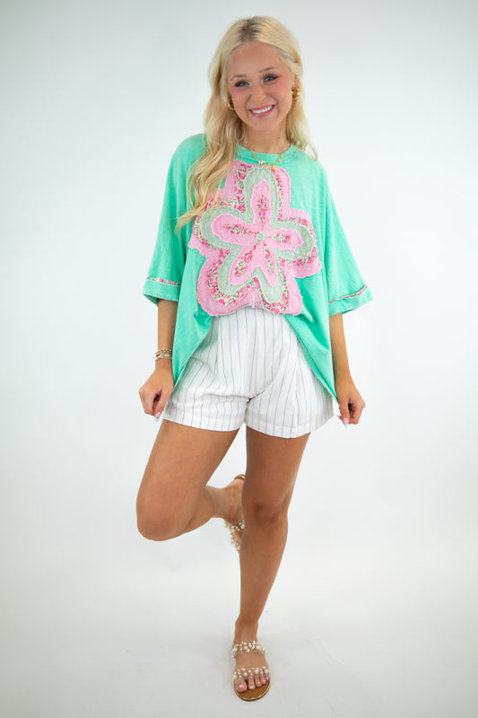 Bright Green Short Sleeve Flower Patch Tee