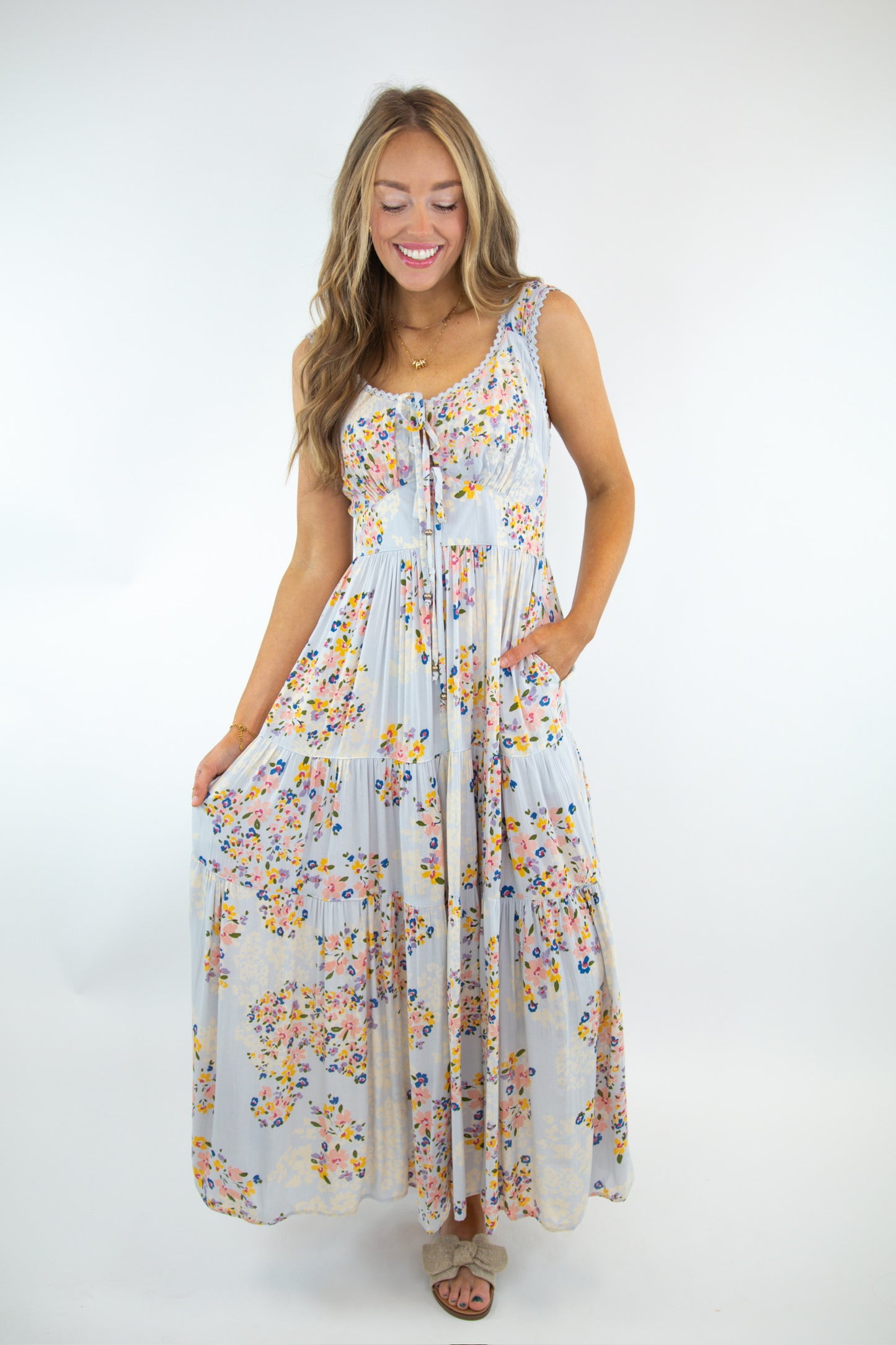 Blue Lace Trim Tiered Maxi Dress