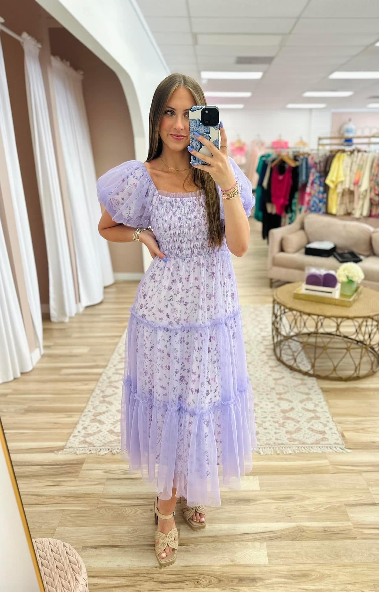 Lavender Tulle Overlay Floral Maxi Dress