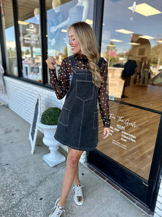 Black Washed Denim Overall Dress