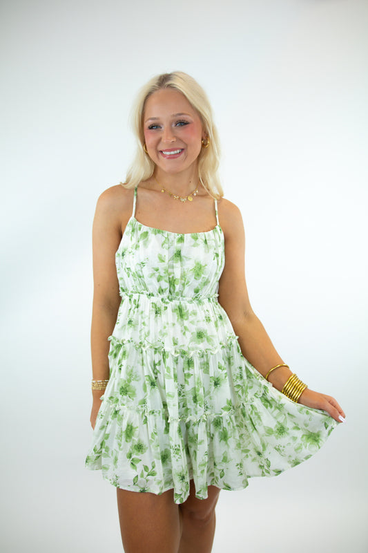 Olive Floral Tiered Mini Dress