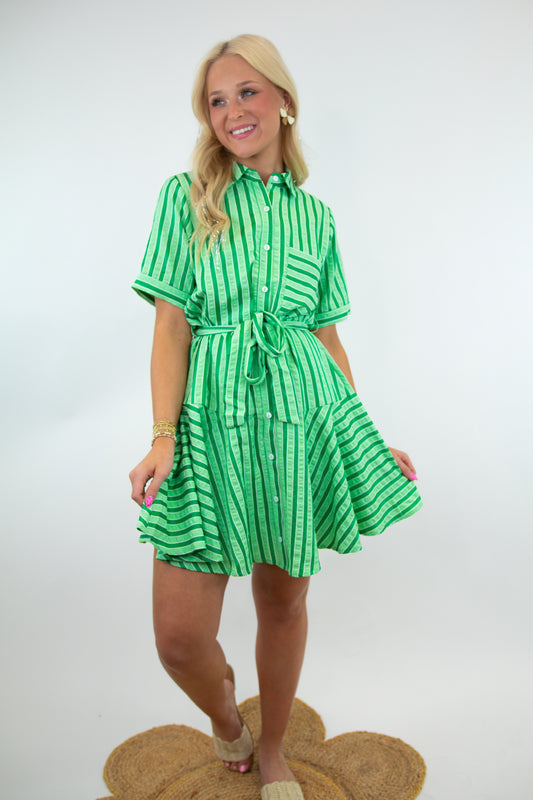 Kelly Green Striped Collared Button Up Dress