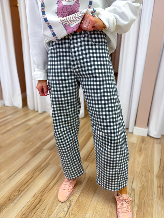 Black Gingham Relaxed Barrel Jean