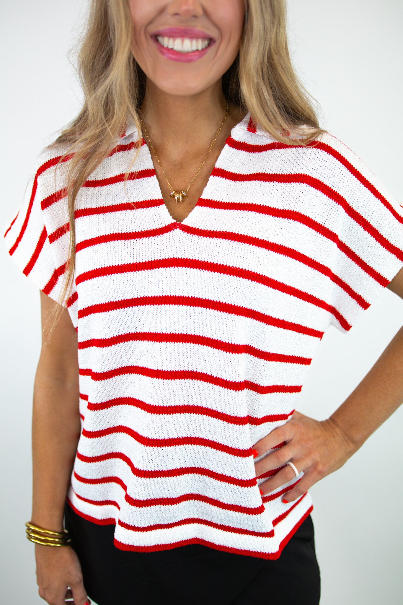 Striped Collared V-Neck Textured Top